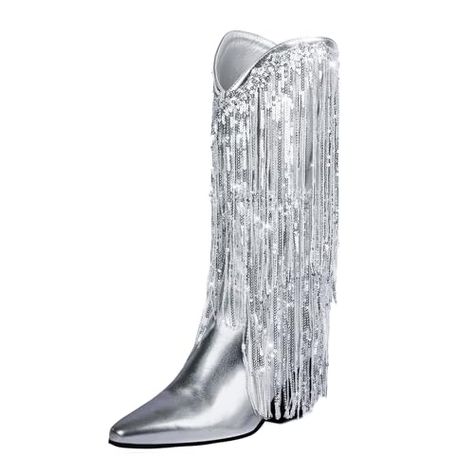 NOSTALCHICKS's Amazon Page Silver Cowboy Boots, Winter Heels, Pointed Toe Boots, Slip On Boots, Cowgirl Outfits, Martin Boots, Thick Heels, Mid Calf Boots, Rubber Heels