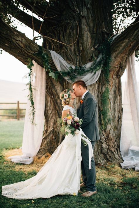 Ira And Lucy Real Wedding Brie and Kasey, Bethany Small Photography Rustic Wedding Ceremony Decor, Tree Wedding Ceremony, Backyard Wedding Decorations, Diy Wedding Arch, Backyard Wedding Ceremony, Photo Booth Backdrop Wedding, Wedding Arch Rustic, Rustic Wedding Ceremony, Budget Friendly Wedding