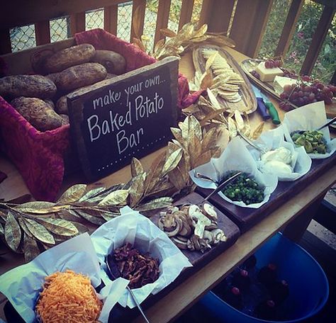 12a Backyard Wedding Food, Wedding Food Bars, Wedding Foods, Baked Potato Bar, Wedding Food Stations, Potato Bar, Graduation Party Foods, Indoor Party, Steak And Shrimp