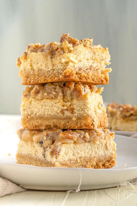 Keto Pecan Cheesecake Bars (Easy!) — Low Carb Quick Low Carb Pecan Pie Cheesecake Bars, Keto Pecan Cheesecake Bars, Keto Pecan Pie Cheesecake Recipe, Keto Butterfinger Bars, Butter Pecan Cheesecake Bars, Low Carb Desserts Easy Quick, Keto Cheesecake Crust, Keto Pecan Pie Cheesecake, Keto Pecan Cheesecake