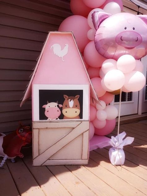 I've listed the link I used for inspiration on how to build this cardboard barn. Farm Pink Birthday Party, Pink Farm Party Decorations, Pink Barnyard Party Decor, Barn Centerpieces Birthday, Diy Barn Backdrop, Farm Themed Birthday Party Girl, Barnyard Birthday Party Girl, Diy Farm Party, Pink Farm Birthday Party