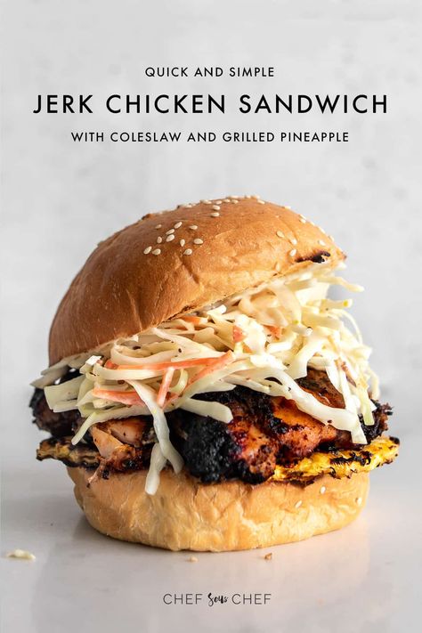 Indulge in the flavors of our Jerk Chicken Sandwich with Grilled Pineapple and Coleslaw. Spicy jerk-marinated chicken meets caramelized pineapple and zesty coleslaw on a toasted bun. This vibrant sandwich is an absolute crowd-pleaser, whether you're hosting a summer BBQ or simply craving a taste of the islands. Jerk Chicken Sandwich Recipe, Jerk Chicken Sandwich, Bbq Jerk Chicken, Jerk Recipes, Easy Jerk Chicken Recipe, Quick Coleslaw, Jerk Chicken Marinade, Apartment Cooking, Grilled Jerk Chicken