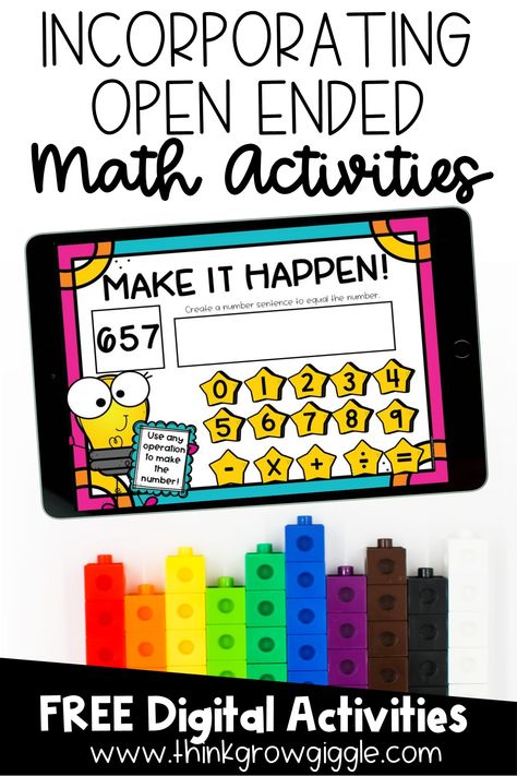 Grab FREE digital math problem solving activities! Engage, differentiate & challenge your third grade students with interactive digital slides that provide open ended skill activities that they will lvoe. Read this quick blog post about why & how to use open ended math, when to fit it in & scoop up some free digital math slides to instantly engage your students in meaningful math chats and dialogue. Perfect for centers, whole group, remedial, or challenge tasks! Click to read more! Envision Math 3rd Grade, Math Inquiry Based Learning, Rotations Math Transformations, Math Talk Moves, Open Ended Math Problems, Elementary School Math Activities, Play Math, Guided Math Groups, Fluency Activities