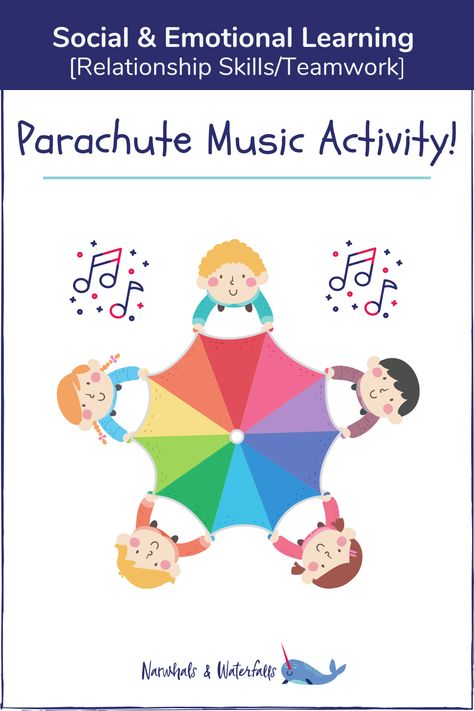 This Parachute routine is SO MUCH FUN for kids. It uses our original SEL song, "Take It Easy", that teaches about relationship skills and teamwork! So it's a great way to seamlessly incoroporate some Social Emotional Learning Skills as well! #parachuteactivities #preschool #socialemotionallearning #preschoolactivities #preschoolmusic #musicforkids #backtoschool #parachutefun #musicactivities #elementarymusic # Parachute Activities For Preschool, Parachute Games For Preschoolers, Parachute Songs, Parachute Activities, Kids Exercise Activities, Preschool Music Activities, Music Activity, Music Lifestyle, Creative Dance