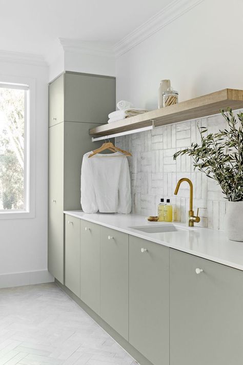 Tiles In Laundry Room, Laminex Seed Cabinetry, Laundry Green Cabinets, Laminex Seed, Laundry Room Ideas Green, Colourful Laundry Room, Laundry Cabinet Design, Green Laundry Room Ideas, Green Laundry Room Cabinets