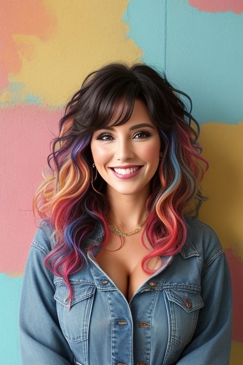 hair color ideas for brunettes Pop Of Color Hair, Multicolor Hair, Medium Hair Color, Vivid Hair Color, Bold Hair Color, Coloured Hair, Spring Hair Color, Spring Hair, Hair Color For Women