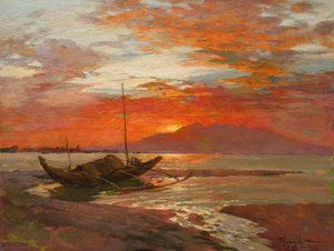 "Boat" by Fernando Amorsolo. Karges Fine Art pays Top Prices for early Philippine Paintings. Contact us today for a free opinion of the value of your original Filipino painting. 800-833-9185 Fernando Amorsolo Paintings Landscape, Fernando Amorsolo, Water Artists, View Sunset, Filipino Art, Philippine Art, Painting References, Bataan, History Painting