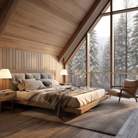 Minimalist Chalet Interior, Cabins In The Woods Interior, Mountain Home Bedroom, Modern Cabin Bedroom, Posh Bedroom, Basement Ideas Unfinished, Unfinished Basement Ideas, Norway House, Modern Wooden House