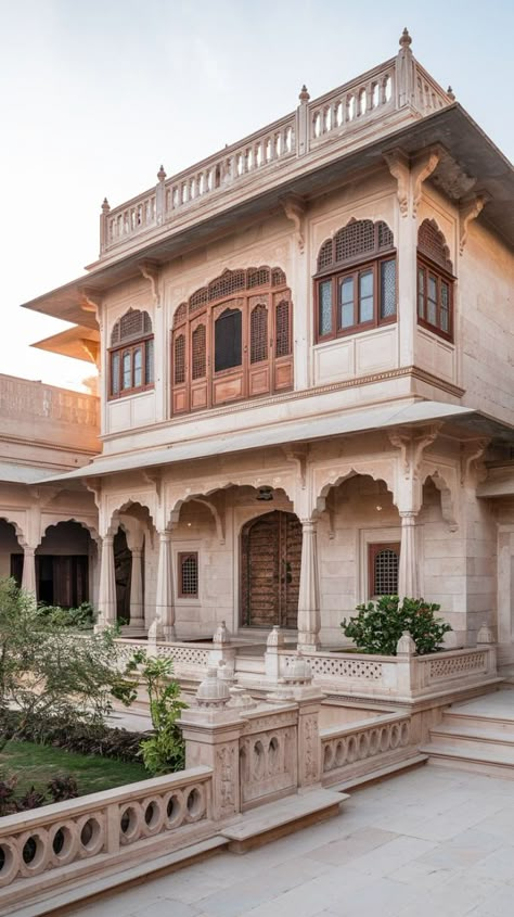 Heritage House India, Rajasthan House Design, Modern Mughal Architecture, Haweli House Design, Rajasthani House Design, Rajasthani Elements, Old Indian Architecture, Rajasthani Haveli, Vedic Architecture