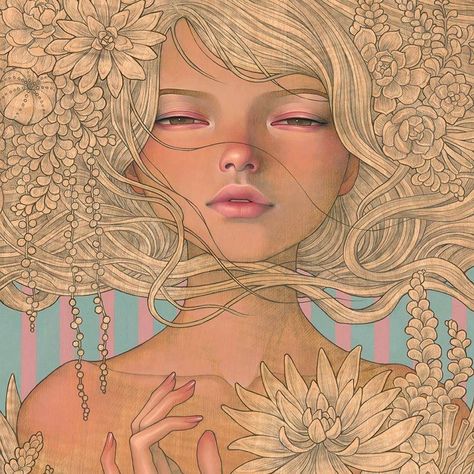 Art I love... Audrey Kawasaki's Art's painting “Enchantress”  #beautifulbizarre #art #culture #TheVintagePunk Art Bizarre, Art Nouveau Tattoo, Portrait Male, Pop Art Tattoos, L'art Du Portrait, Mark Ryden, Bizarre Art, Audrey Kawasaki, Alphonse Mucha