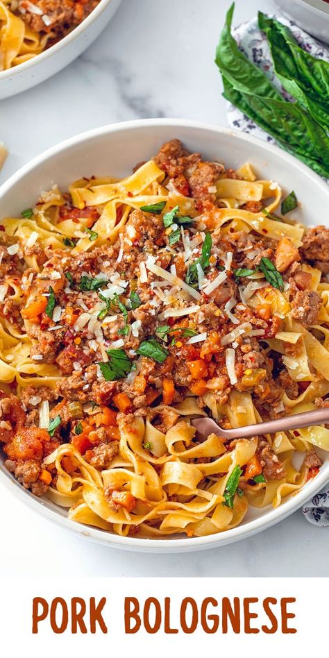 Ground Pork Bolognese, Pork Spaghetti Recipe, Ground Pork Ragu, Ground Beef And Pork Sausage Recipes, Pasta With Ground Pork, Ground Recipes For Dinner, Pork Bolognese Sauce, Ground Pork Spaghetti, Ground Pork Crockpot Recipes