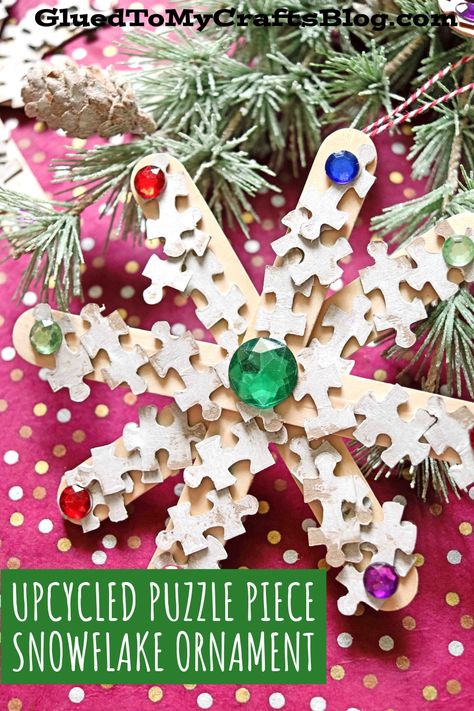 Puzzle Piece Snowflake Ornaments For Christmas - Kid Craft Puzzle Piece Ornaments Kids, Puzzle Piece Christmas Crafts, Snowflake Ornaments For Kids, Puzzle Piece Ornaments, Puzzle Ornaments, Activities Director, Recycled Christmas Decorations, Kids Ornament, Recycled Christmas