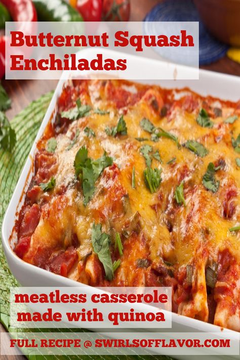 Butternut Squash Enchiladas with Quinoa is a vegetarian casserole filled with flavor and nutrition. Winter squash and spinach combine with quinoa and cheese for a delicious and easy weeknight dinner recipe. An easy plant based recipe. Squash Enchilada Casserole, Squash Enchiladas, Butternut Squash Enchiladas, Monday Dinner, Butternut Squash Casserole, Meatless Monday Dinner, Plant Based Recipe, Yummy Casserole Recipes, Vegetarian Casserole