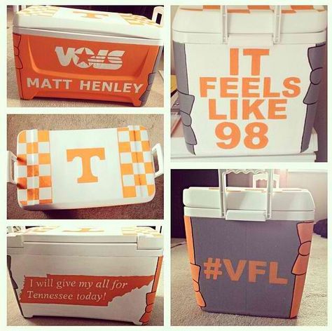 Tennessee cooler I painted for one of my guy friends. It's my favorite craft I've done so far! #vfl Nola Cooler, Formal Cooler Ideas, Fraternity Coolers, Frat Coolers, Cooler Painting, Sorority Paddles, Sorority Canvas, My Guy, Sorority Big Little