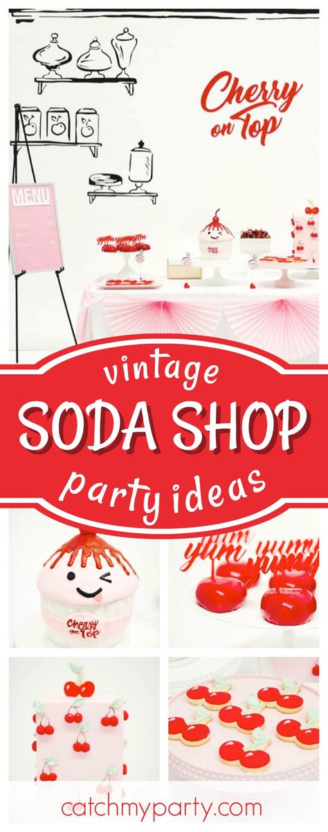 Don't miss this fantastic vintage Soda Shop birthday party! The large cherry cupcake birthday cake is adorable!! See more party ideas and share yours at CatchMyParty.com Vintage Soda Shop, Party Food For Adults, Cherry Party, Cherry Theme, Vintage Party Ideas, Sibling Birthday Parties, Shabby Chic Cakes, 60s Party, Soda Shop