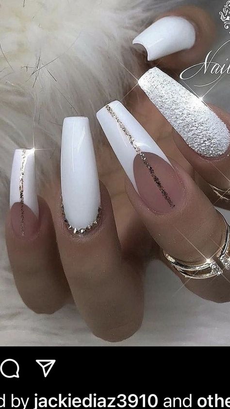 Sparkly White Nail Designs, White Diamond Acrylic Nails, White Vacation Nails Acrylic, Classy White Nail Designs, White Party Nails, White Unicorn Nails, White Nail Designs Coffin, French Tips With Diamonds, White Classy Nails