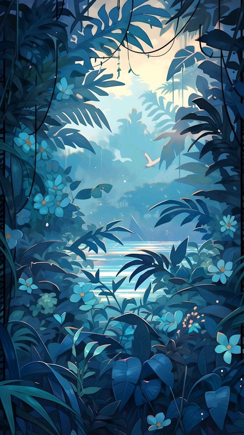 Rain Art Wallpaper, The Four Elements Art, 2d Backgrounds Illustration, Teal Anime Aesthetic, Rain Forest Drawing, Forest Illustration Art, Anime Style Wallpaper, Rain Digital Art, Digital Art Forest