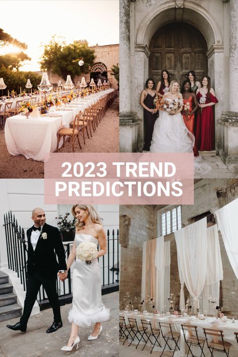 roundup of our 2023 wedding trend predictions, featuring bold colours, honeymoon funds, sustainability and more! Wedding Trends 2023, Retro Wedding Cakes, Slip Bridesmaids Dresses, Groomsmen Colours, Wedding Trends 2024, 2023 Weddings, Wedding Platform, Cakes Decor, Metallic Wedding