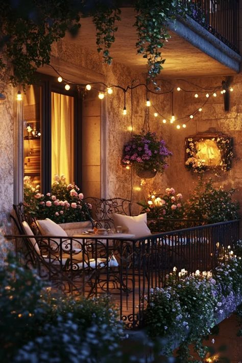 Transform your outdoor space with these charming French-inspired balcony decor ideas. From cozy seating areas decorated with textured cushions to lush plants adding a dash of nature, these tips will enhance your balcony's French style. Discover creative ways to include dreamy fairy lights, rustic décor elements, and inviting outdoor table setups that echo the enchantment of Parisian balconies. Embrace comfort and beauty to craft a perfect spot for relaxing with a book or enjoying a cup of coffee outdoors. Princess Balcony Aesthetic, Parisian Balcony Garden, Fancy Balcony, Tuscan Balcony, Victorian Balcony, Townhouse Balcony, French Balcony Ideas, Spanish Balcony, Cottage Balcony