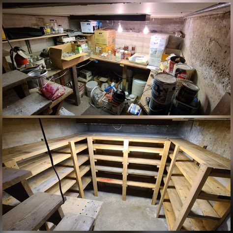 Root Cellar Shelves, Food Storage Cellar, Basement Root Cellar, Cellar Makeover, Cellar Shelving, Built Pantry, Farm Pantry, Root Cellar Plans, Root Cellar Storage