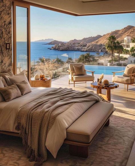 Cliffside Coastal Dream Home master bedroom Modern House By The Sea, Designer Homes, Board Pictures, Spanish Villa, Luxe Decor, Luxury Beach House, Black Interior Design, Coastal Homes, Coastal Living