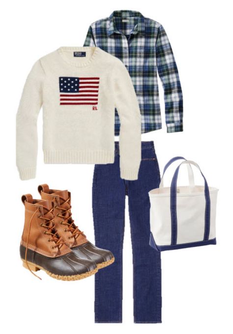 American Flag Sweater Outfit, Flag Sweater Outfit, 90s Preppy Fashion, Ll Bean Boat And Tote, Bonfire Outfit, Preppy Fall Fashion, American Preppy, Apple Picking Outfit, New England Fashion