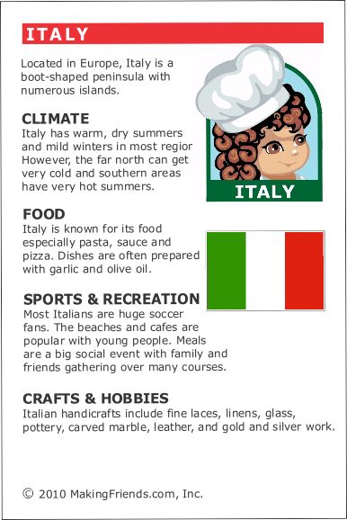 Italy Fact Card for your Girl Scout World Thinking Day or International celebration. Free printable available at MakingFriends.com. Fits perfectly in the World Thinking Passport, also available at MakingFriends.com Culture Day At School Ideas Italy, Italy Day At School, Italian Crafts For Kids, Italy Activities For Kids, Italy Crafts For Kids, Italy Activities, Country Study, Italy For Kids, Around The World Theme