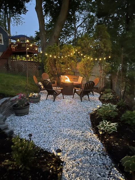 Rock Garden Seating Area, Fire Pit In Front Yard, Under Tree Sitting Area, Sitting Area Under Tree Backyards, Outdoor Fire Pit Patio Ideas, Side Yard Fire Pit Area, Deck Greenery, Outdoor Fire Pit Areas Backyards, Under Tree Seating Area