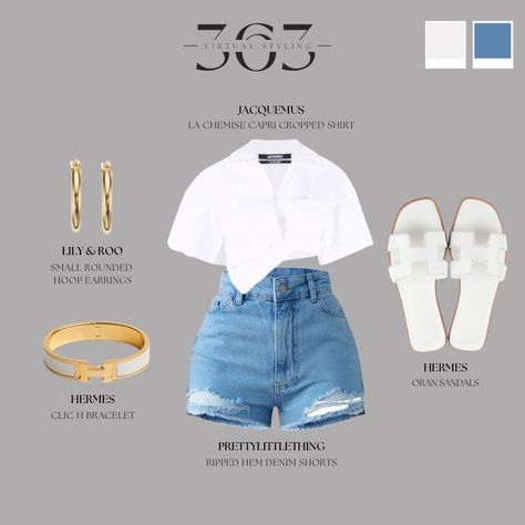 White Boujee Outfits, Baddie Sandals Outfit, Hermes White Sandals Outfit, Denim Shorts White Shirt Outfit, White Sandal Outfits, Outfits With Blue Shorts, White Crop Shirt Outfit, Boujee Summer Outfits, Cropped White Shirt Outfit