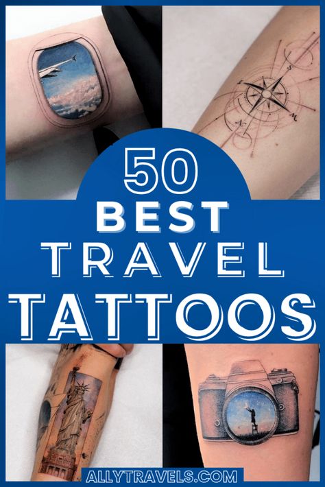 Looking for travel tattoo ideas? Look no further than my list of the 50 best travel tattoos. I've listed ideas for travel tattoos for men, and travel tattoos for women. My guide also includes unique travel tattoo ideas for both small travel tattoos and sleeve tattoos. All artists are linked to their tattoo photos. The tattoos on the pin are designed by @Evakrbdk and used with her permission. Cool Travel Tattoos, Small Travel Inspired Tattoos, Travel Tatoos Ideas Men, Travel Tattoo Ideas Men, Travel Arm Tattoo, Travel Tattoo Small Men, Adventure Tattoo Ideas For Men, Solo Travel Tattoo, Travel Adventure Tattoo