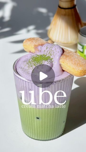 Ube Matcha Latte, Matcha Drink Aesthetic, Matcha Ideas, Iced Matcha Recipe, Ube Latte, Ube Extract, Matcha Drink Recipes, Sleepover Snacks, Cafe Drinks