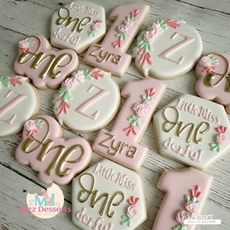 Birthday Decorated Cookies, Cookies First Birthday, Little Miss Onederful, Floral Cookies, Miss Onederful, Cookie Birthday Party, First Birthday Cookies, Princess Cookies, Crazy Cookies