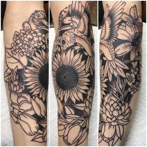 Hummingbird with sunflower Small Hummingbird Tattoo With Sunflower, Sunflower Hummingbird Tattoo, Sunflower And Hummingbird Tattoo Sleeve, Sunflower And Hummingbird Tattoo, Floral Hummingbird Tattoo Half Sleeves, Floral Sleeve With Hummingbird, Hummingbird Tattoo Meaning, Tat Inspiration, Sunflower Tattoos