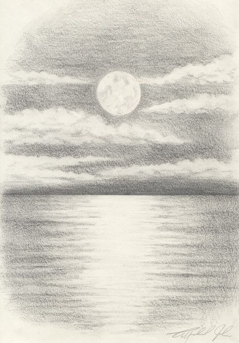 moon Ocean Pencil Sketches, Ocean Sketch Pencil, Simple Moon Sketch, How To Draw The Ocean In Pencil, Moon And Ocean Drawing, Background For Drawings Sketch, Moon Drawing Reference, Ocean Simple Drawing, Simple Sea Drawing