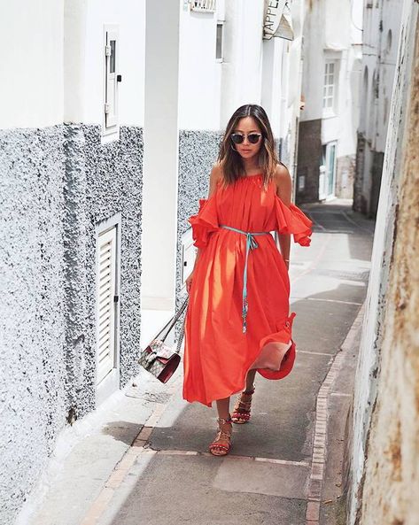 Capri Outfits | Who What Wear Italy In May, European Travel Outfit, Bright Maxi Dress, Capri Outfits, Fashion Italy, Capri Italy, Italy Outfits, Travel Outfit Summer, Italy Fashion