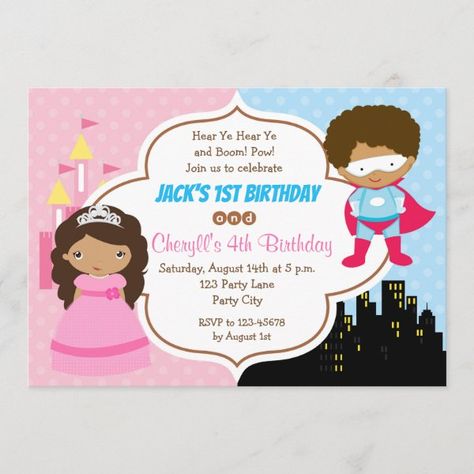 African American Twins Joint Birthday Invitations Superhero Birthday Invitations Free, Birthday Invitations Princess, Make Your Own Superhero, Birthday Invitations Zazzle, Birthday Twins, Superhero Birthday Invitations, Princess Birthday Invitations, Twins Birthday, Twins 1st Birthdays