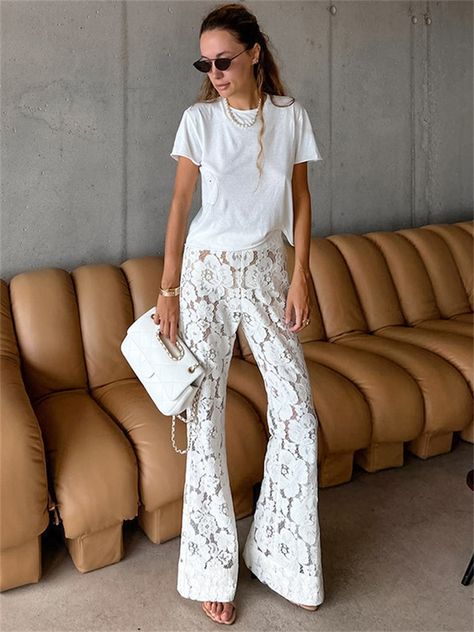 White Printed High Waist Straight Legg Women Patchwork Hollow Out Fashion See-Through Lace Women's Lace Pants Outfit, White Lace Pants, Clothes Pants, Lace Pants, Pants Summer, Pop Style, Ankle Length Pants, Summer Clothes, Resort Wear