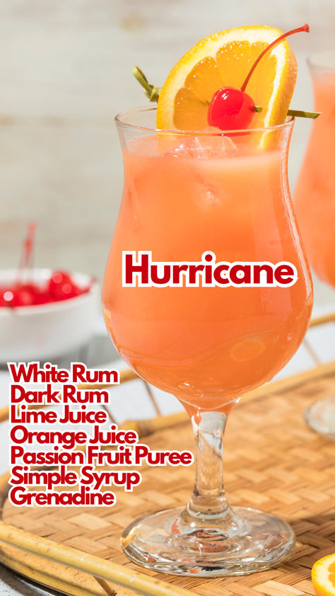 Hurricane Cocktail Dark Rum Cocktails, Orange Juice Cocktails, February Quotes, Bartender Drinks, Cocktail Drinks Alcoholic, Cocktail Syrups, Beach Cocktails, Classic Cocktail Recipes, Mixed Drinks Alcohol