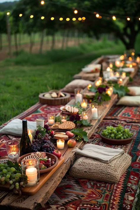 8 Enchanting Boho Picnic Ideas For A Magical Outdoor Gathering | The Olive Branch Nest Picnic Bbq Decor, Low Tablescapes, Wedding Picnic Table Decor, Fall Picnic Party, Boho Picnic Ideas, Backyard Table Setting, Hosting Aesthetic, Quantum Leaping, Posh Picnic