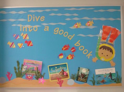 Dive into a good book Dive Into A Good Book Bulletin Board, Book Corner Display, Ks2 Display, Dive Into A Good Book, Turtle Classroom, Ocean Reading, Classroom Wall Displays, Year 1 Classroom, Reading Corner Kids