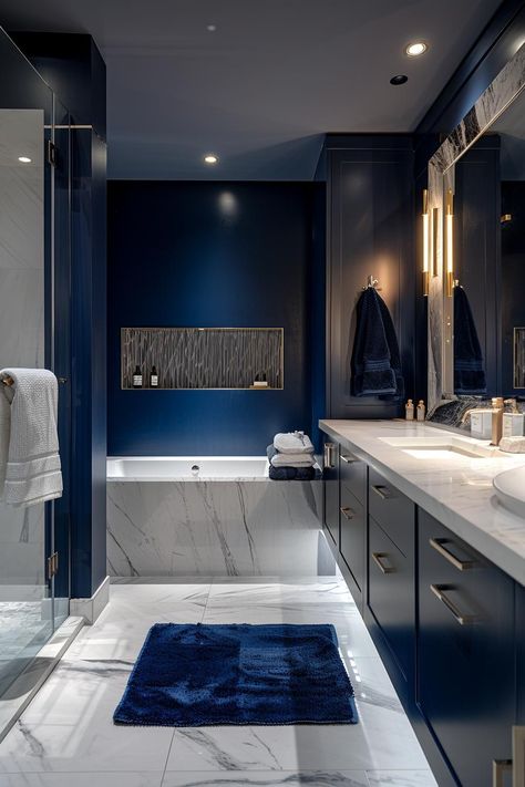 38 Luxury Bathroom Ideas for an Elegant Space Condo Interior Design Luxury, Luxurious Bathroom Ideas, Blue And Grey Bathroom, Fancy Shower Curtains, Dark Blue Bathroom, Blue Bathroom Ideas, Luxury Bathroom Ideas, Freestanding Tubs, Condo Interior Design