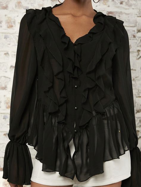 Black Casual Collar Long Sleeve Woven Fabric Plain Peplum Embellished Non-Stretch Spring/Summer Women Clothing Ruffled Tops, Ruffle Top Blouses, Black Ruffle Top, Chiffon Ruffle, Flounce Sleeve, Blouse Outfit, Chiffon Blouse, Black Ruffle, Ruffle Top