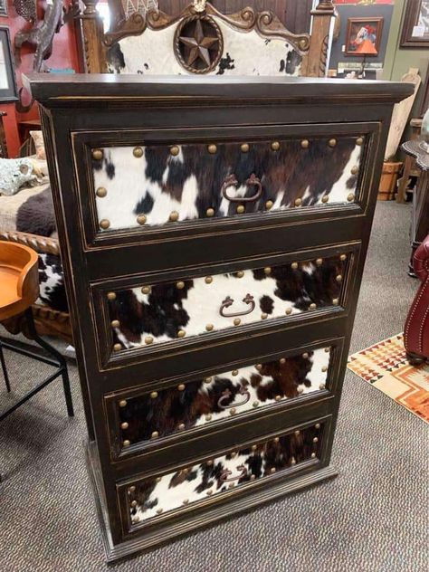 Example of light brindle cowhide. Your Western Decor Western Dresser, Cowhide Decor, Lodge Furniture, Ranch Furniture, Cowhide Furniture, Rustic Bedroom Furniture, Western Bedroom Decor, Western Rooms, Western Bedroom