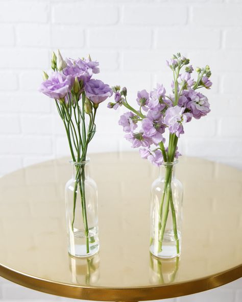 Freshest in the first 1-3 days. See Longevity Notes. Arrives arranged in vase with water. Features This item is a set. Here is what you will receive: - 6 mini floral arrangements With these 6 bud vases arrangements, your table will be full and festive for any occasion. With stock and llisianthus in coordinating colors, you can place these down one table or scatter around to highlight any moment of your party. * Designed with your event in mind, flowers are at their peak bloom on the day of your event. Longevity may vary based on temperature, environment and handling. Florals should avoid direct sunlight. Water daily to extend lifespan. Details Quantity: 6 Mini Floral Arrangements Color Palette: Florals - purple Vase - clear Dimensions: H (tallest arrangement) - approx. 14in W (widest arran Purple Decorations Wedding, Simple Purple Flower Arrangements, Lilac Bud Vases Wedding, Purple Flower Centerpieces Simple, Purple Floral Table Arrangements, Mini Floral Arrangements, Purple Wildflower Centerpieces, Tiny Floral Arrangements Bud Vases, Bud Vases Purple Flowers