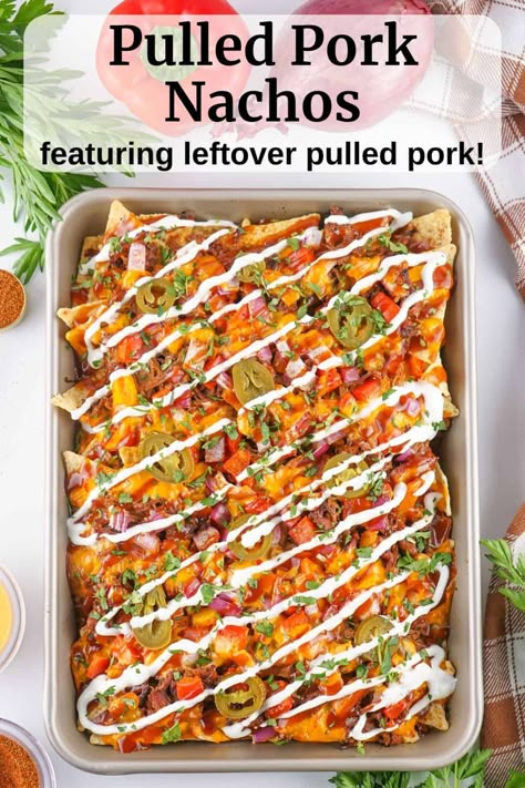 Jazz up dinner with quick and easy Pulled Pork Nachos! These delicious nachos feature favorites like creamy nacho cheese, jalapenos, bell peppers, savory BBQ sauce, and more. Pulled Pork Nachos Recipe, Pork Nachos Recipe, Pork Fajitas, Bbq Nachos, Leftover Pulled Pork, Easy Pulled Pork, Easy Meals For Families, Pulled Pork Nachos, Pork Nachos