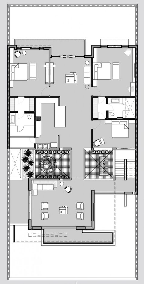 Twin Courtyard House by Charged Voids | HomeDSGN, a daily source for inspiration and fresh ideas on interior design and home decoration. Flat Roof House Plans, Flat Roof House, Roof House, Architectural Floor Plans, House Layout Plans, Model House Plan, Architectural House Plans, Plans Modern, Modern Flat