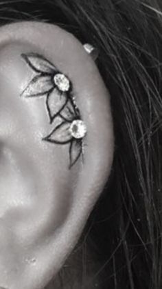 Womens Tattoo Behind Ear, Inner Ear Tattoos For Women Flower, Pretty Ear Tattoos, Flower Ear Tattoo With Piercing, Ear Tattoo Inner With Piercing, Inside Ear Tattoos Flower, Ear Tattoo And Piercings, Behing The Ear Tattoo, Ear Tattoo With Piercing