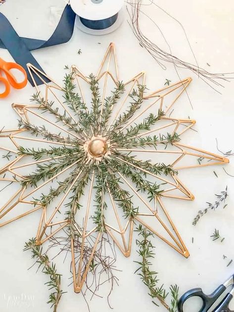 How to Make a Rosemary Wreath with Fresh Sprigs - Up to Date Interiors Global Eclectic Decor, Rosemary Wreath, Neutral Winter Decor, Eclectic Christmas, Wrought Iron Wall Art, Decor After Christmas, Christmas Foyer, Rustic Winter Decor, Winter Wall Decor