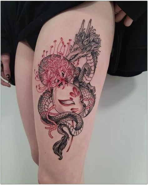 Spider lily tattoo. Dragon With Red Spider Lily Tattoo, Red Spider Lily And Dragon Tattoo, Red Spider Lily Tattoo Thigh, Spider Lily Koi Fish Tattoo, Dragon With Spider Lily Tattoo, Dragon And Spider Lily Tattoo, Spider Lily Hip Tattoo, Snake And Spider Lily Tattoo, Red Spider Lily Tattoo Meaning