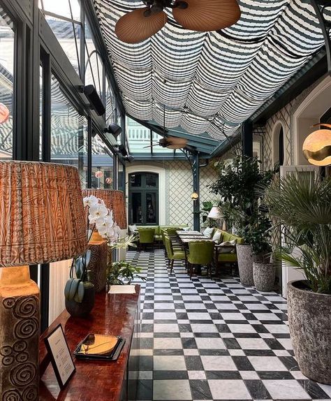 Soho House Paris on Instagram: "Anything can happen in the heart of the house Photo by @ellashire #SohoHouseParis #SohoHouse" Soho House Restaurant, Art Deco Patio, Soho House Hotel, Soho Restaurants, Orangery Extension, Porch Bar, Soho Hotel, Terrace Restaurant, Pub Design